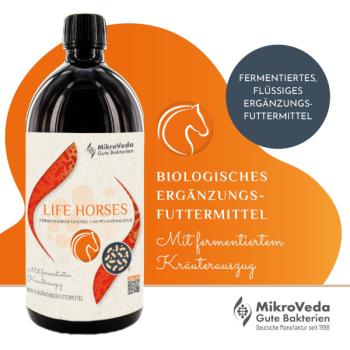 Preview: MikroVeda LIFE PFERDE Bio Ergänzungsfutter 1 Liter R-PET Flasche (100% recycelt)
